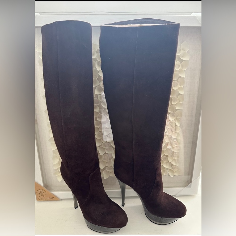 Casadei Brown Croc Patent Platform Suede High Boots